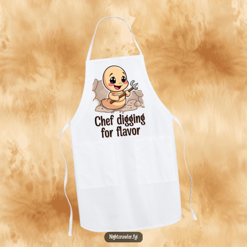 Funny Earthworm Digger Apron: Smiling worm with tools digging a tunnel in the kitchen, a humorous chef accessory.