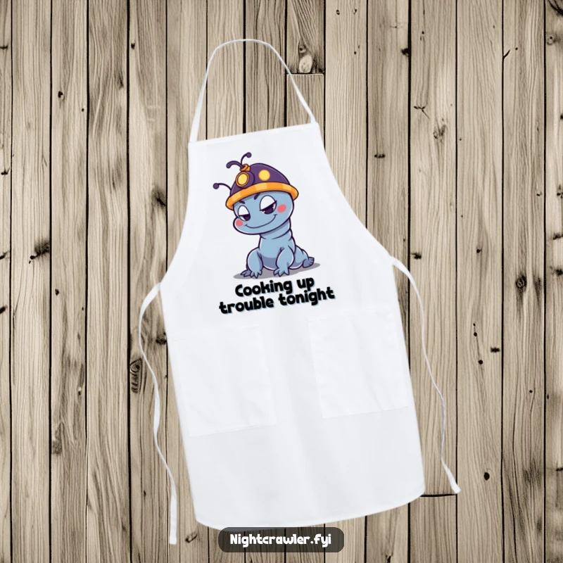 Funny night crawler apron featuring a mischievous character wearing a tiny glowing hat, ideal for cooking or baking.