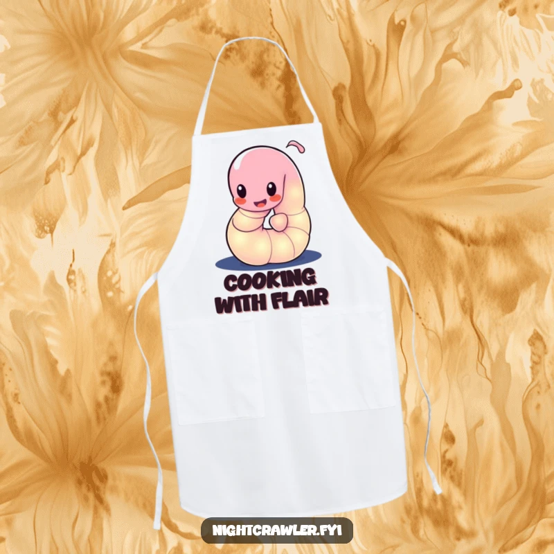 Funny apron showing a glowing worm character playfully wiggling its body in the dark, perfect for illuminated cooking.