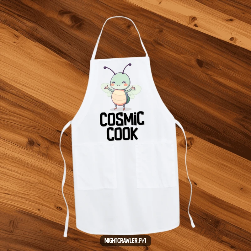 Funny apron depicting a cute insect character dancing joyfully in moonlight with a happy twitch, ideal for kitchen fun.