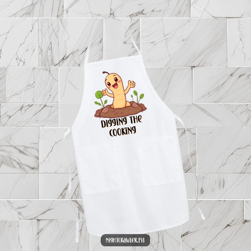 Funny apron: cute earthworm popping out of the ground and waving. Great for kitchen humor.