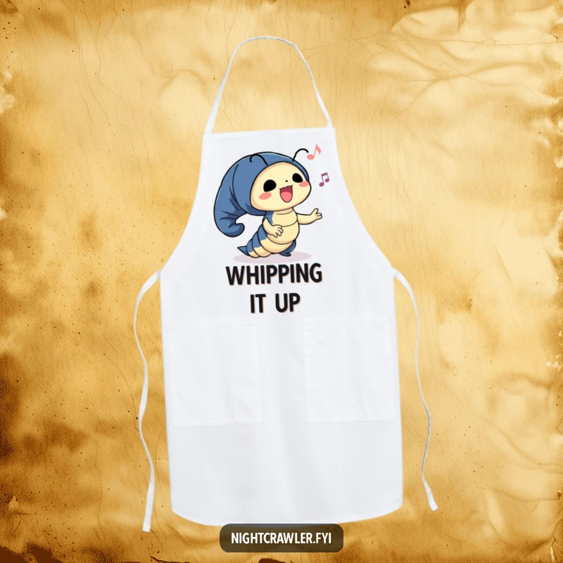 Funny apron with a cute night crawler character happily swaying to unseen music, perfect for adding rhythm to cooking.