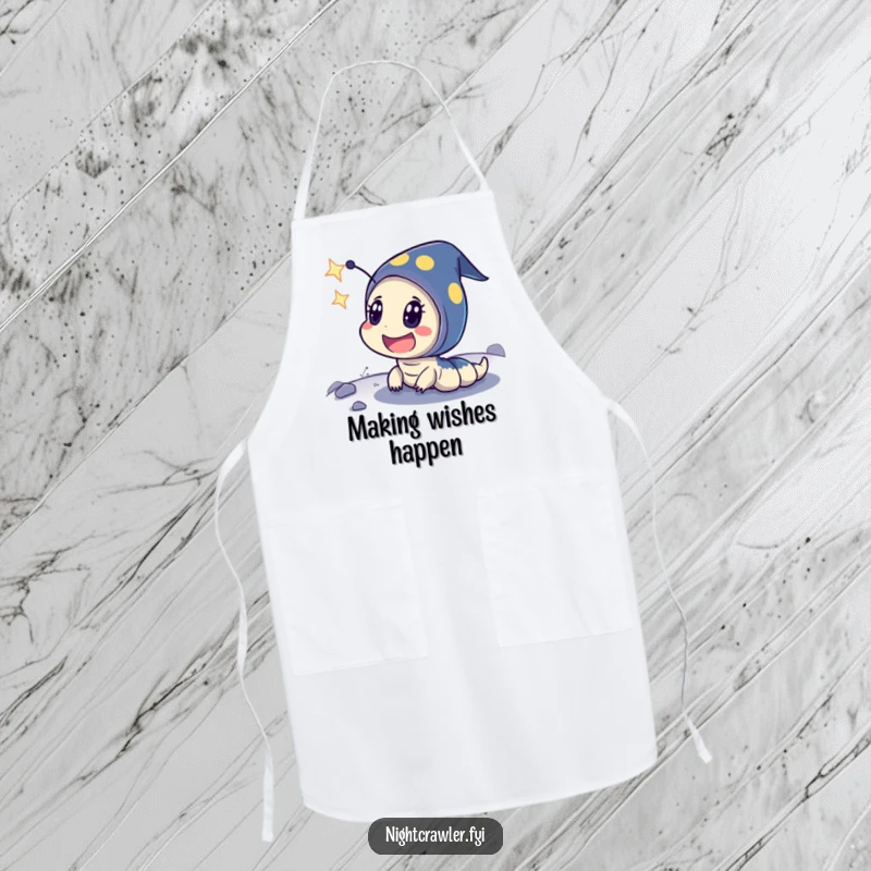 Funny apron with a night crawler character displaying exaggerated surprise at a shooting star, perfect for adding cosmic flair.