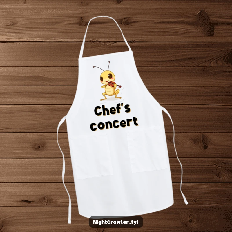Funny cricket apron with a character playing a miniature violin with spirited gusto, perfect for kitchen performances.