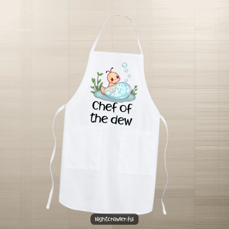 Funny apron featuring a curious earthworm exploring a dewdrop, designed for kitchen tasks with a sense of wonder and humor.
