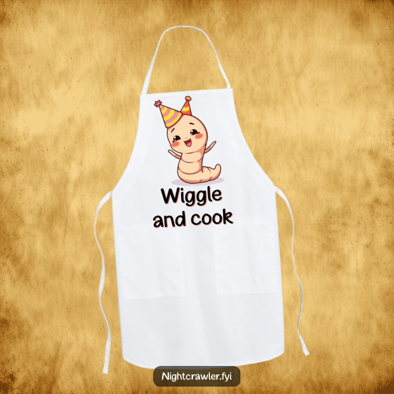 Funny earthworm apron with a character wearing a party hat, wiggling with excitement, perfect for kitchen parties.