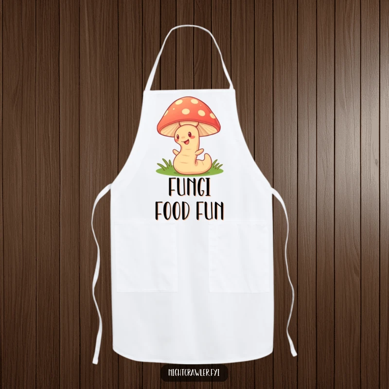 Funny Apron: Cute earthworm character wiggling under a glowing mushroom while cooking, adding humor and enchantment to kitchen attire.