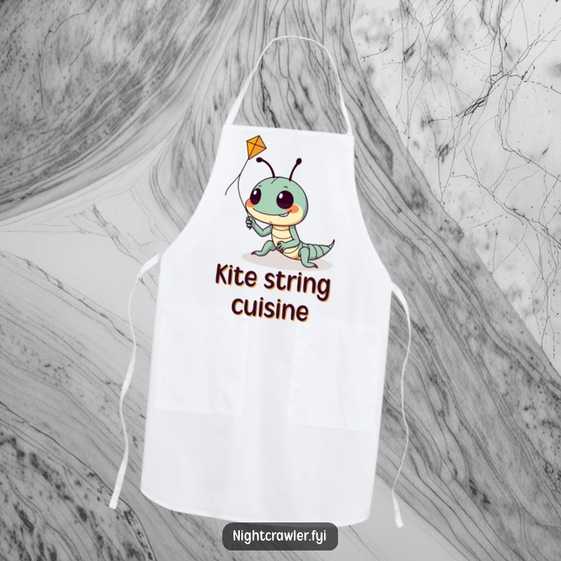 Funny apron showing a goofy night crawler with a wide grin, attempting to fly a small kite, adding a humorous touch to cooking.