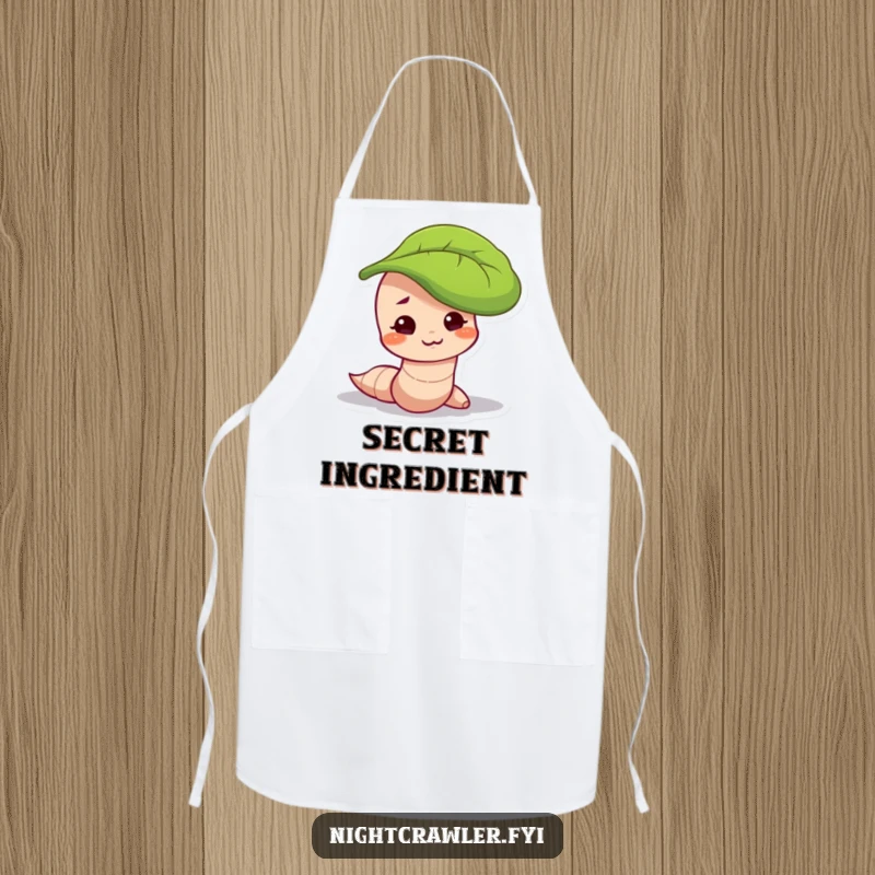Funny apron showing a worm character with a mischievous smirk, peeking out from under a leaf, perfect for playful cooking.