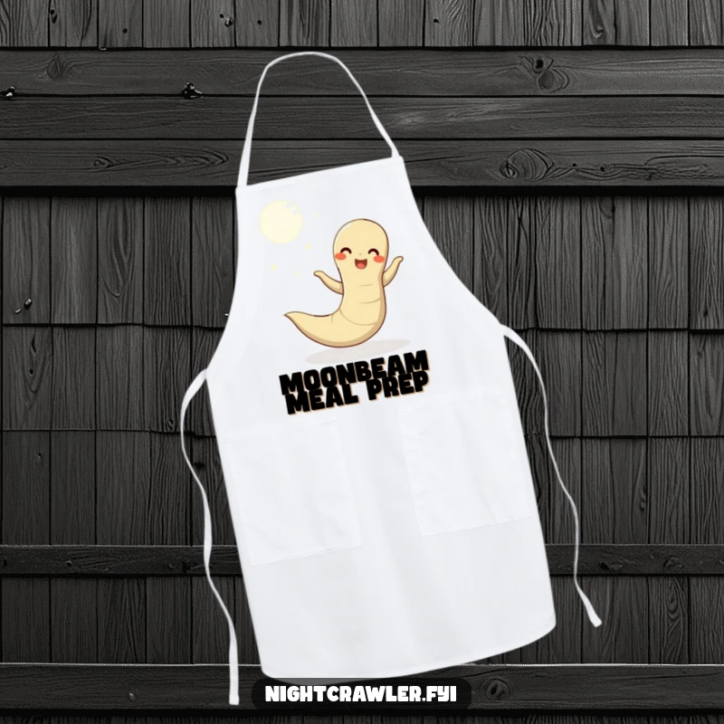 Funny apron featuring a happy earthworm dancing energetically under the moonlight, great for kitchen tasks and adding a humorous touch.