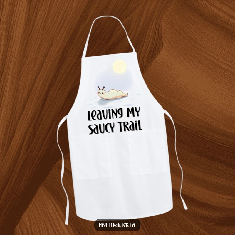 Funny apron with a cute slug character leaving a shimmering trail across a moonlit surface, symbolizing slow, deliberate cooking.