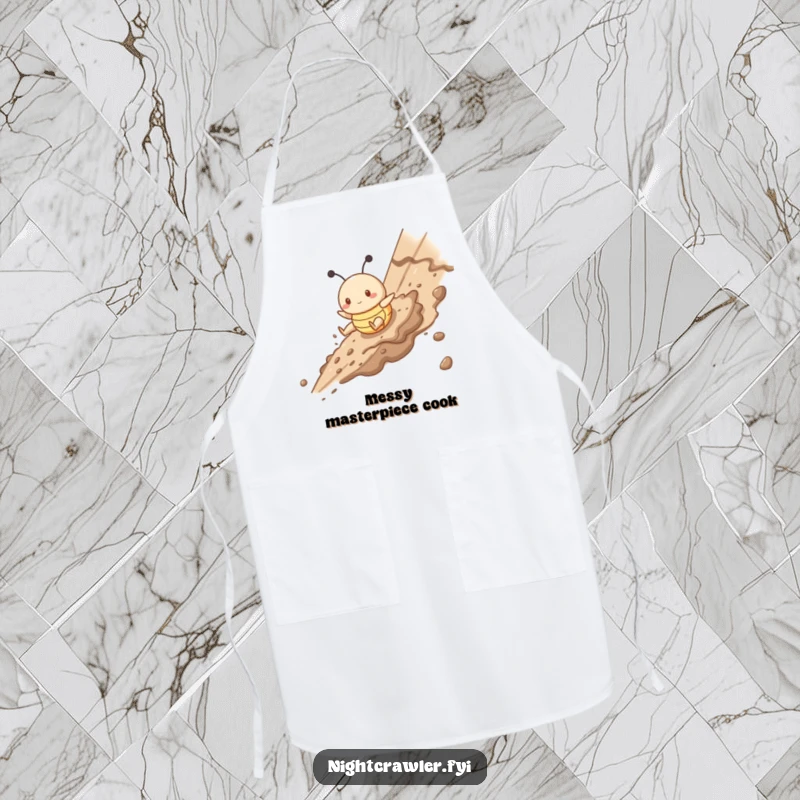 Funny apron showing a cute buggy character gleefully sliding down a muddy slope, ideal for kitchen adventures and messy cooks.