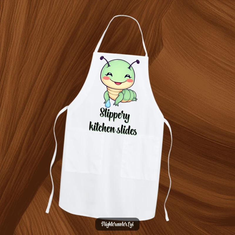 Funny apron featuring a cute, round night crawler character with a huge grin, sliding down a dewdrop, adding a playful vibe to cooking.