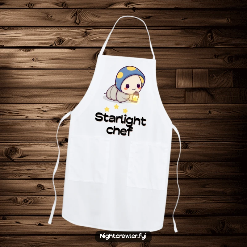 Funny apron showing a night crawler character holding a tiny lantern and leading a path of glowing stars, ideal for night owls.