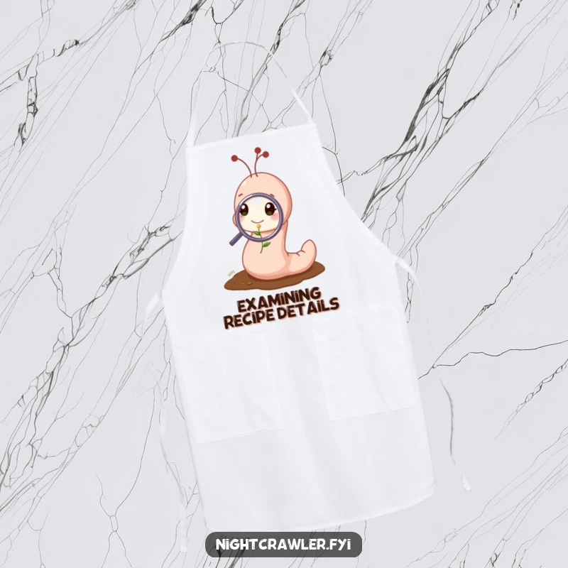 Funny apron depicting a cute worm character examining a tiny sprout with a magnifying glass, ideal for humorous and precise cooking.