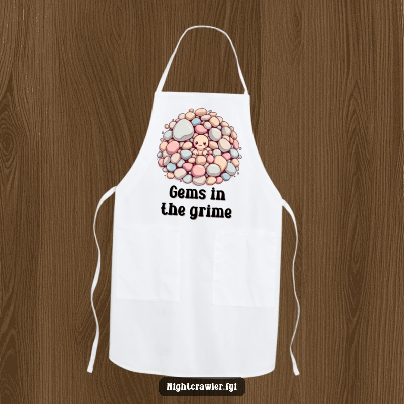 Funny apron: small worm peeking from huge sparkling pebbles. Great for kitchen humor.