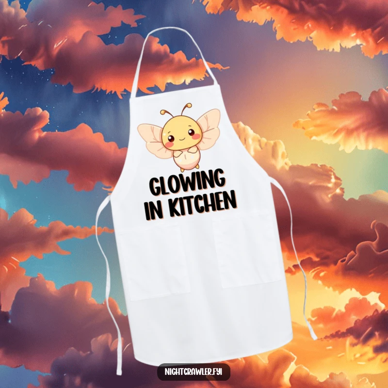 Funny moth apron showing a happy character fluttering around a soft, gentle light source, adding a touch of whimsy to cooking.