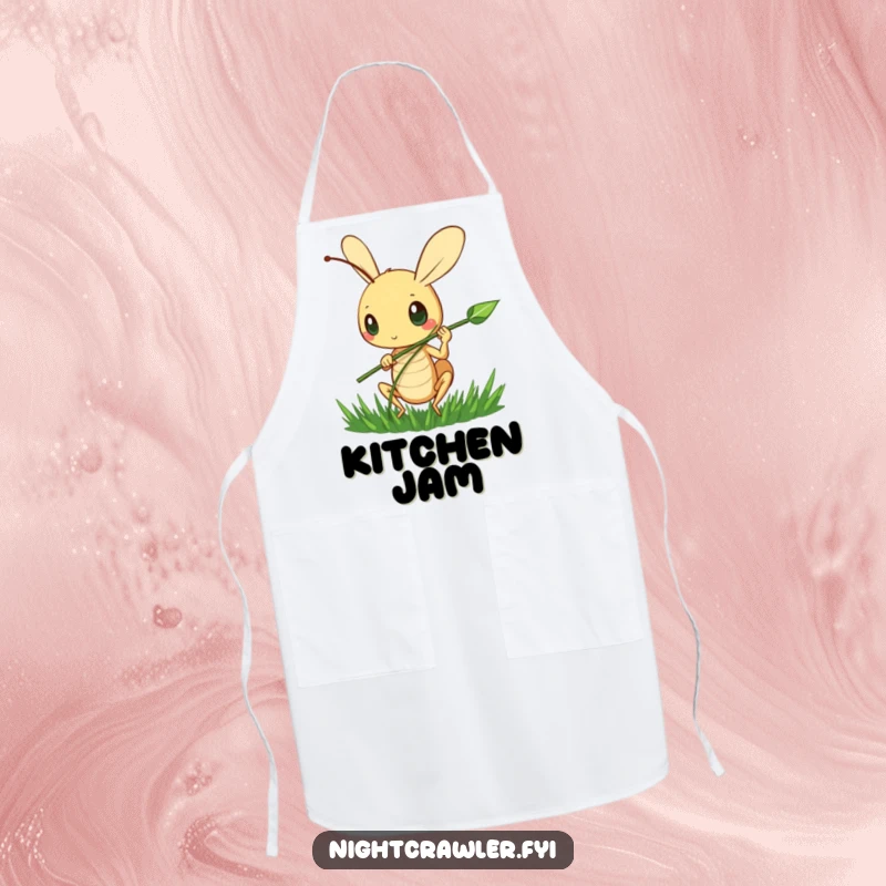 Funny Harmony Apron: A cute cricket character happily strums a blade of grass, a humorous and functional kitchen accessory.