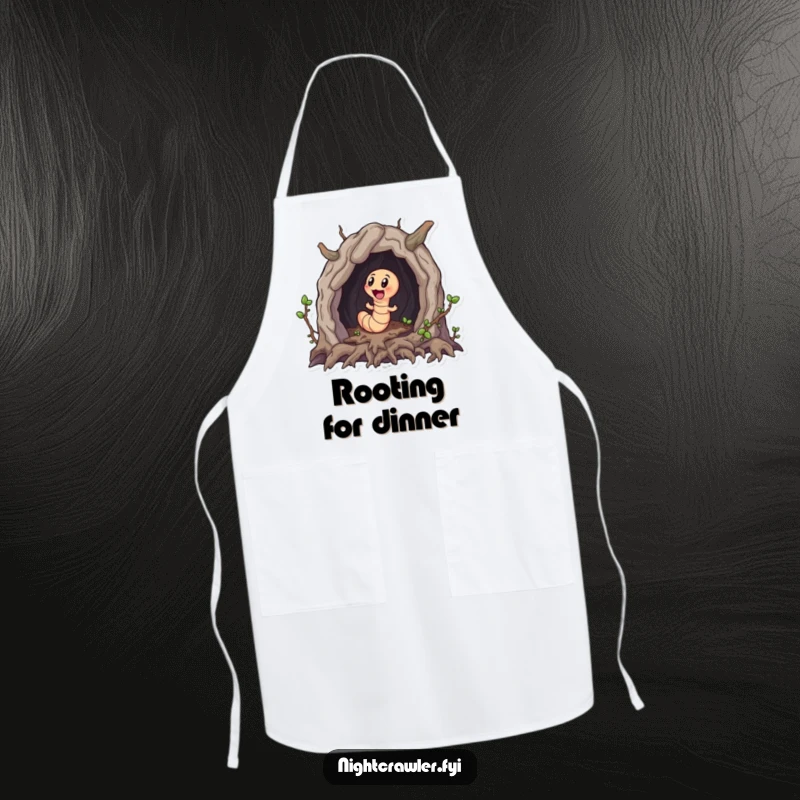 Funny apron showing a little worm character excitedly exploring a miniature cave made of roots, ideal for kitchen explorers.