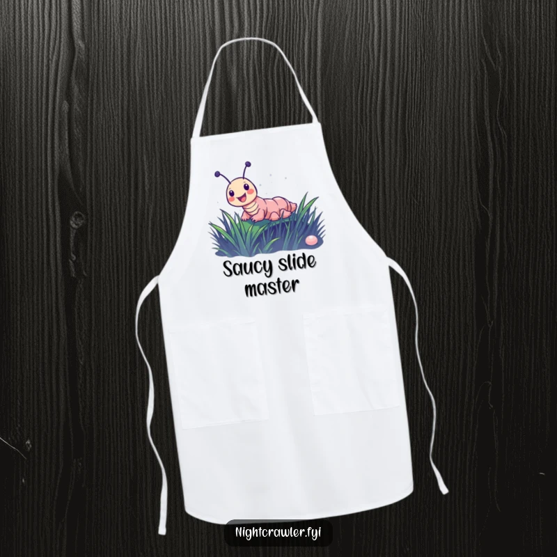 Funny apron with a joyful night crawler character sliding down a dewy blade of grass, symbolizing playful kitchen fun.
