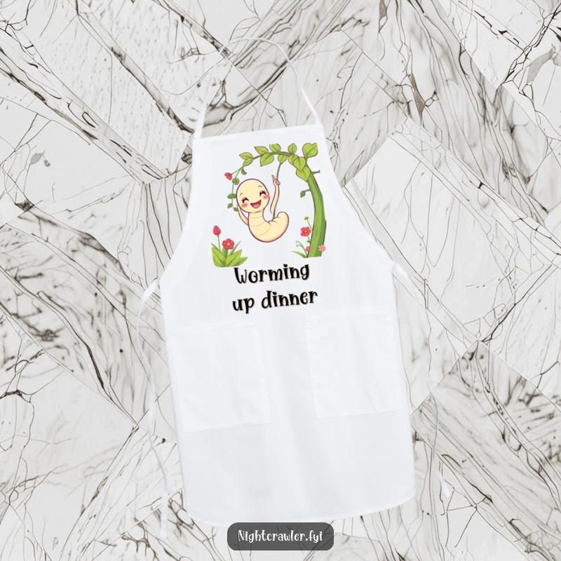 Funny apron showcasing a cheerful worm character gleefully swinging on a vine, ready for kitchen fun and cooking.