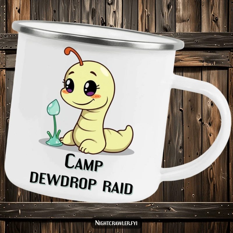 Funny camping mug featuring a mischievous worm character attempting to steal a dewdrop, adding humor to outdoor activities.
