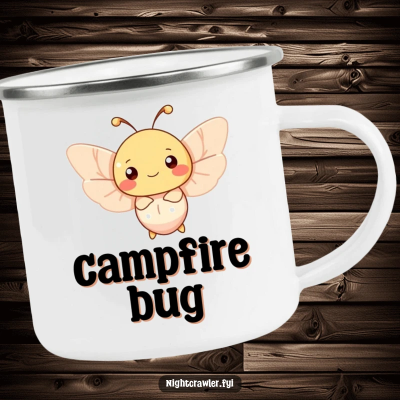 Funny moth camping mug showcasing a happy character fluttering around a soft, gentle light source, perfect for outdoor serenity.