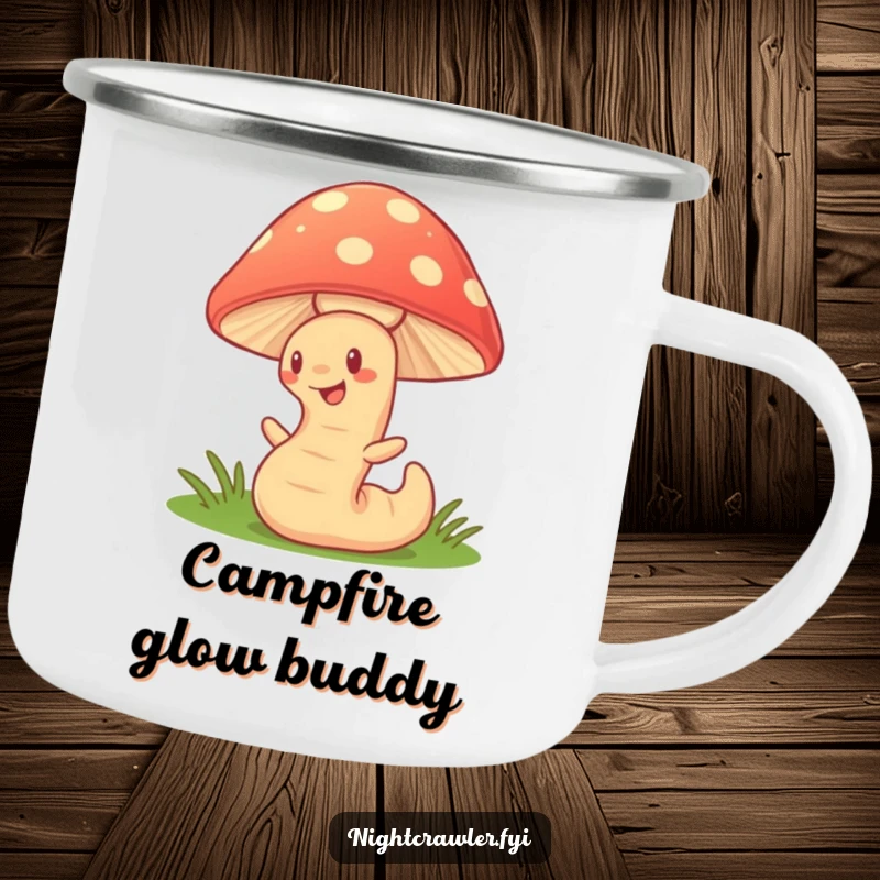 Funny Camping Mug: Cute earthworm character under a glowing mushroom, designed for durability and whimsical outdoor enjoyment.