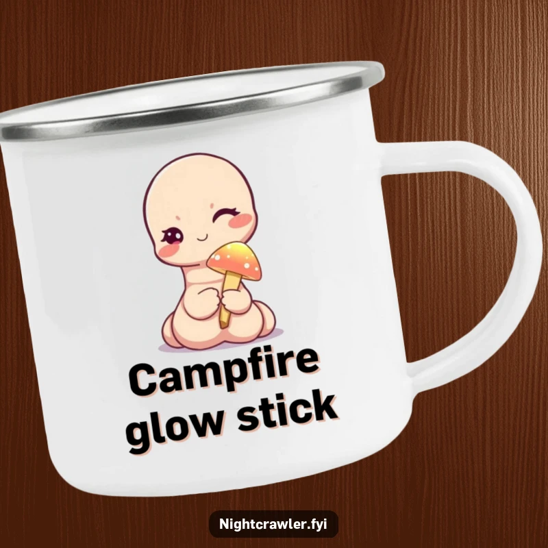 Funny camping mug showing a cute worm character winking while holding a tiny, illuminated mushroom, perfect for magical outdoor adventures.