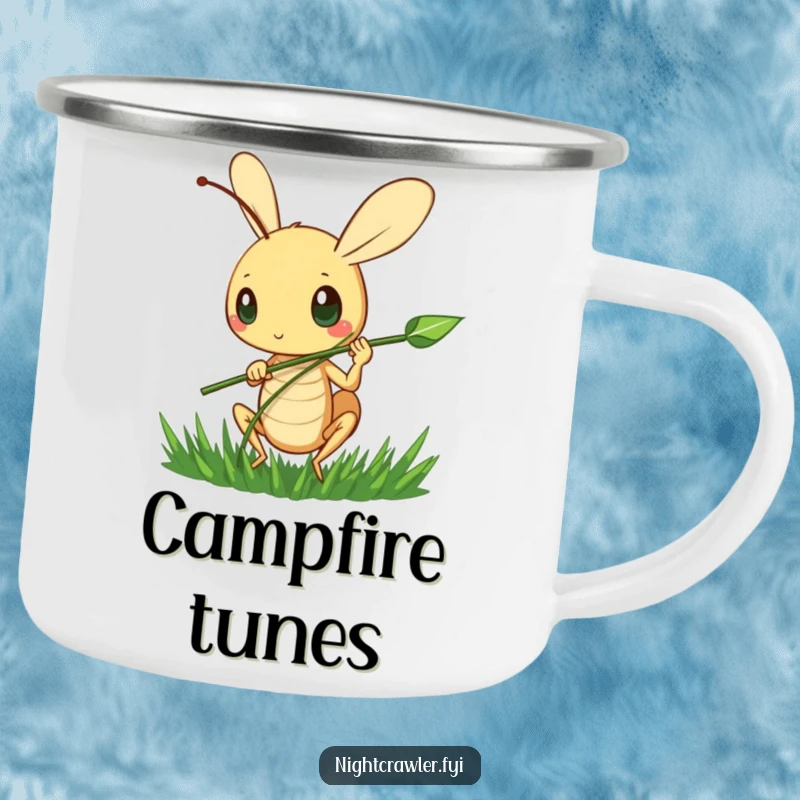 Funny Campfire Jam Camping Mug: A cute cricket character happily strums a blade of grass, ideal for outdoor humor.