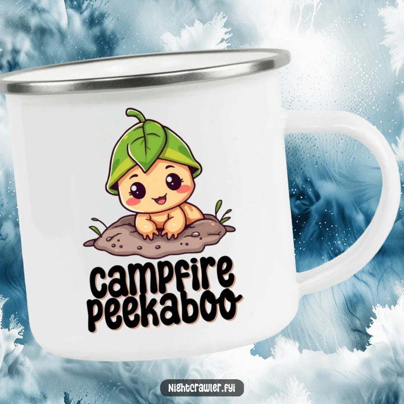Funny camping mug showing a cheerful night crawler with a leaf cap, peeking from its burrow, perfect for outdoor enjoyment.