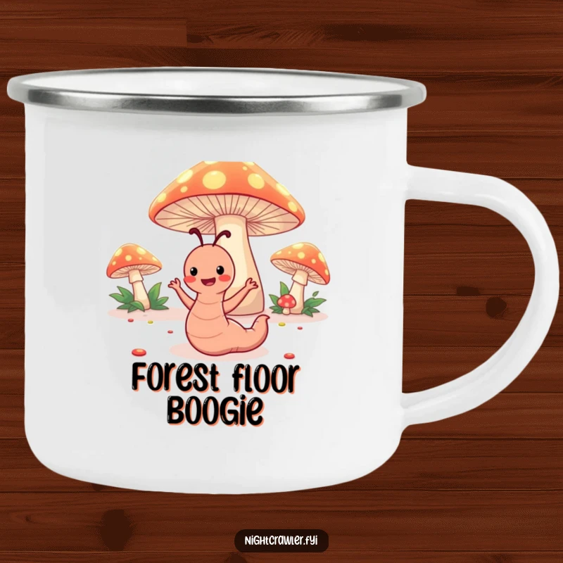 Funny camping mug with a happy worm character dancing under glowing toadstools, perfect for humorous outdoor enjoyment.