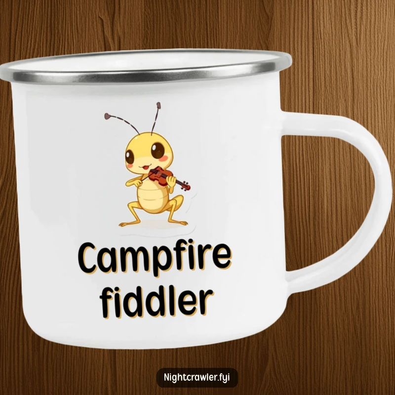 Funny cricket camping mug with a cute character playing a miniature violin with gusto, perfect for outdoor concerts.