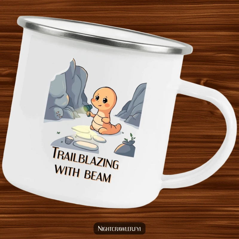 Funny camping mug featuring an earthworm with a flashlight illuminating a dark path, perfect for enjoying beverages outdoors with a humorous touch.