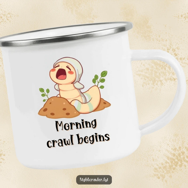 Funny Earthworm Pajama Camping Mug: Sleepy worm in pajamas peeking from soil, ready for camp, a humorous outdoor mug.