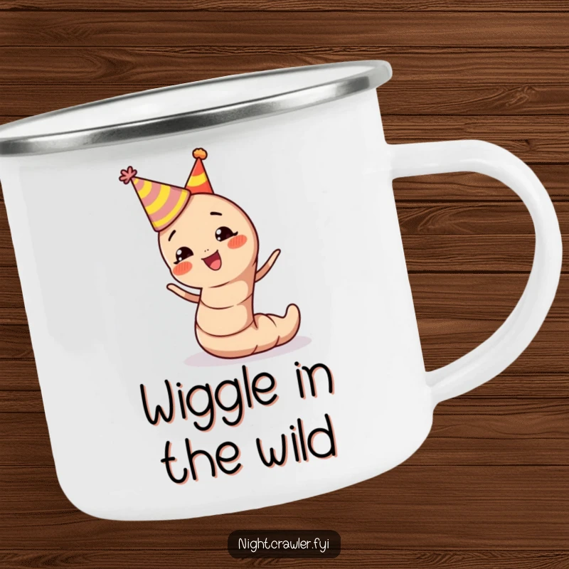 Funny earthworm camping mug showing a character in a party hat, wiggling with glee, ready for outdoor fun.