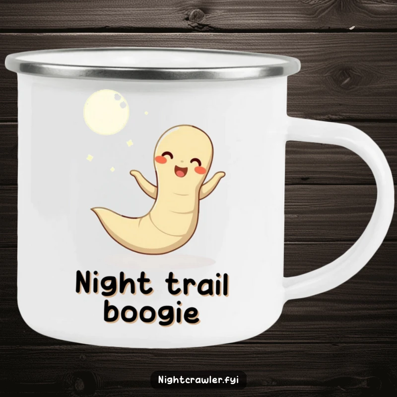 Funny camping mug featuring a happy earthworm dancing under the moon, perfect for enjoying beverages outdoors with a touch of humor.