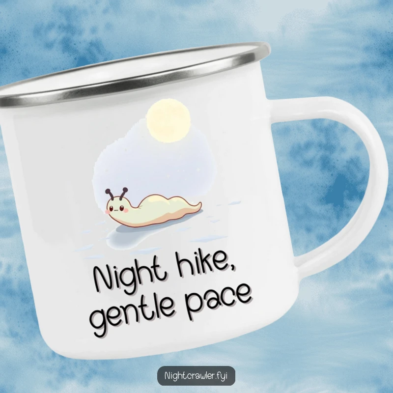 Funny camping mug with a cute slug character leaving a shimmering trail across a moonlit surface, perfect for peaceful nights.