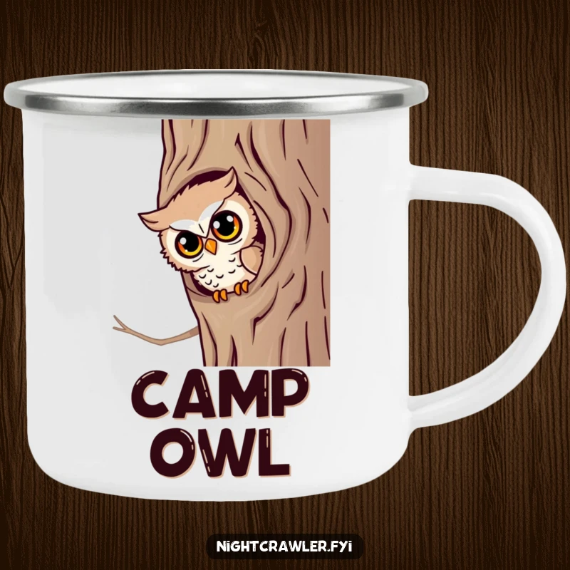 Funny Night Watch Camping Mug: A little owl character peeks from a tree hollow with bright eyes, ideal for outdoor humor.