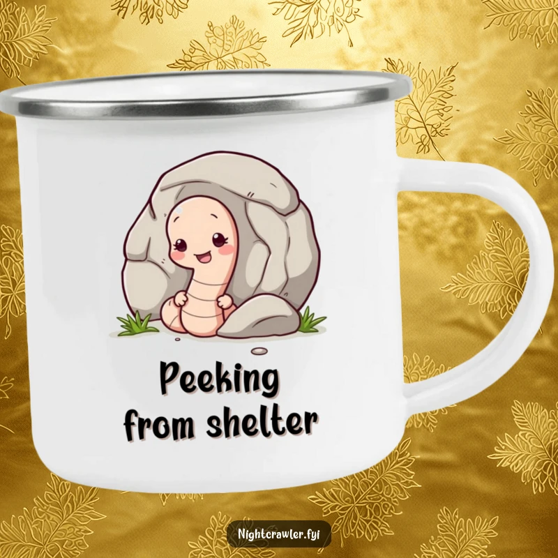Funny camping mug featuring a shy earthworm peeking from behind a pebble, perfect for enjoying beverages outdoors with a touch of gentle humor.