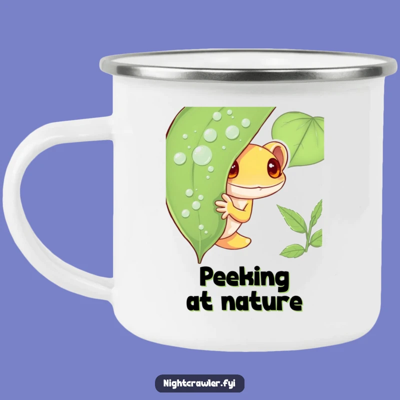 Funny Shy Gecko Camping Mug: Outdoor Peeking Character, Dewy Leaf Adventure, Perfect Funny Gift