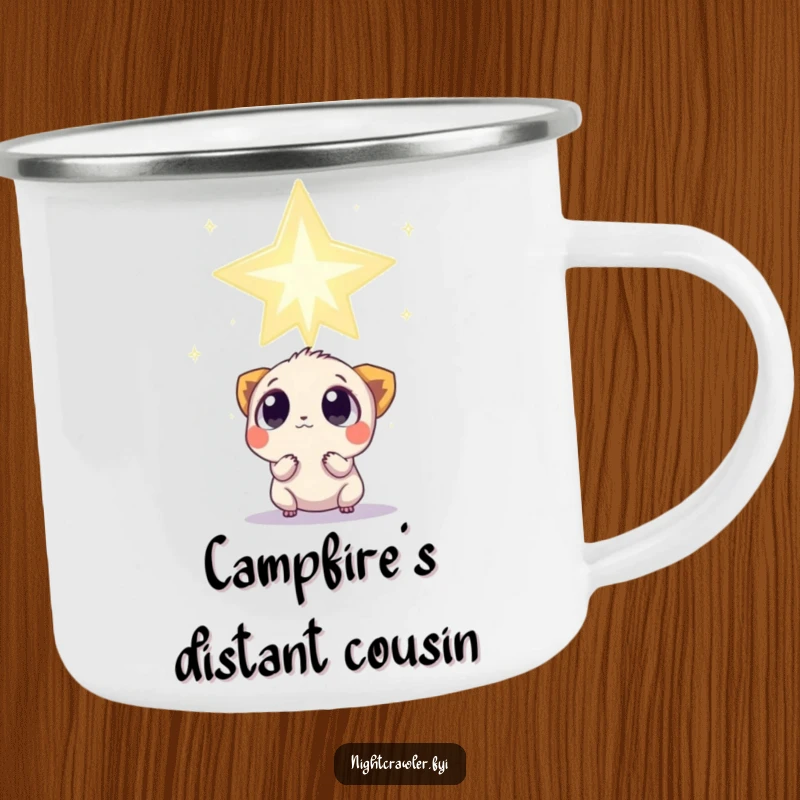 Funny Camping Mug: Small creature with wide, curious eyes observes a colossal, twinkling star, perfect for outdoor adventures.