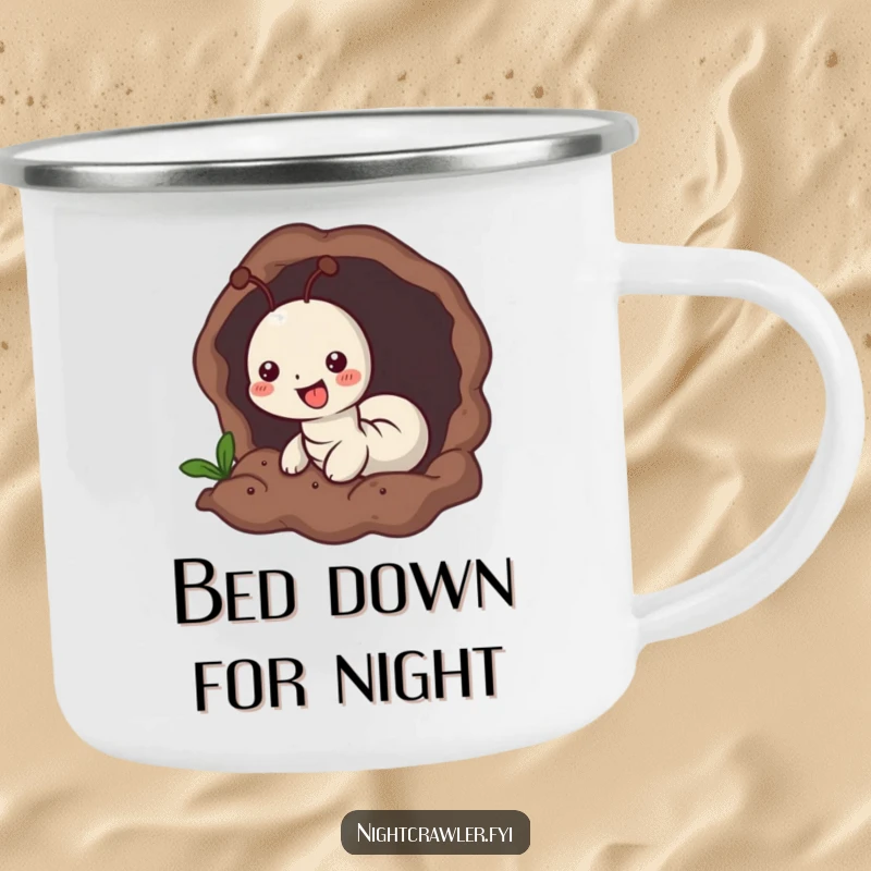 Funny camping mug showing a small worm character joyfully burrowing into soft, dark earth, perfect for comfort-seeking outdoor enthusiasts.