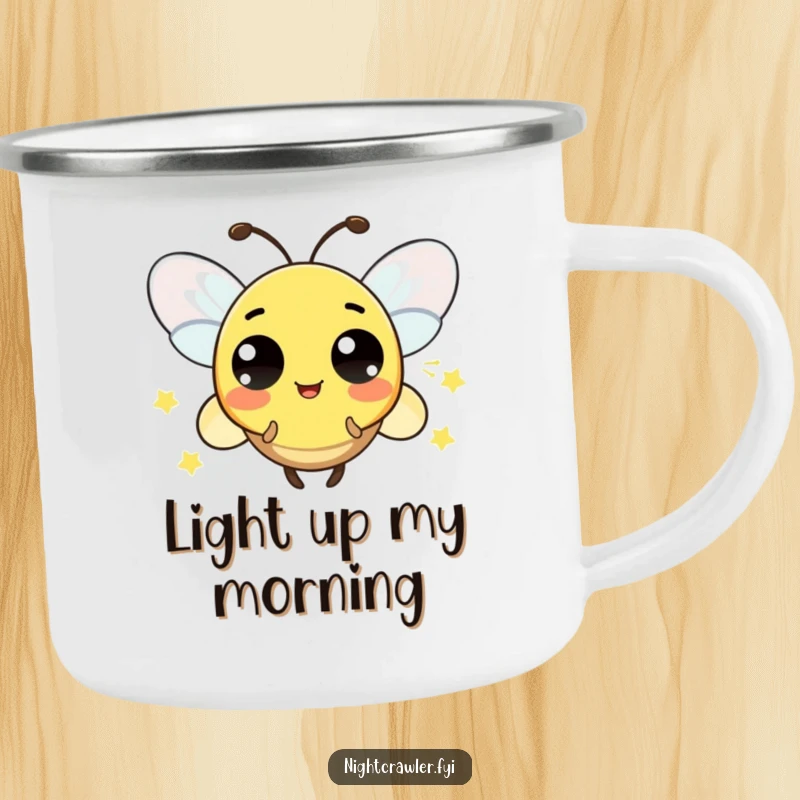 Funny camping mug with a playful firefly character blinking its light in a pattern of surprise, perfect for nighttime camping.