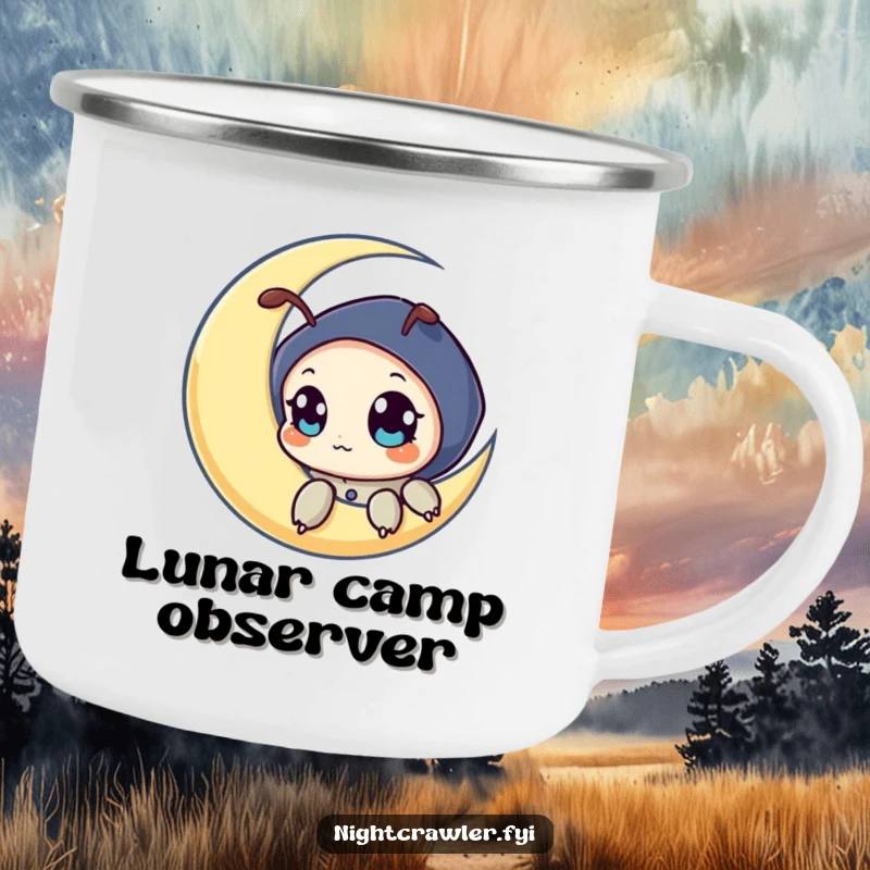 Funny camping mug with a night crawler character peeking from a crescent moon, evoking whimsical nighttime adventures.