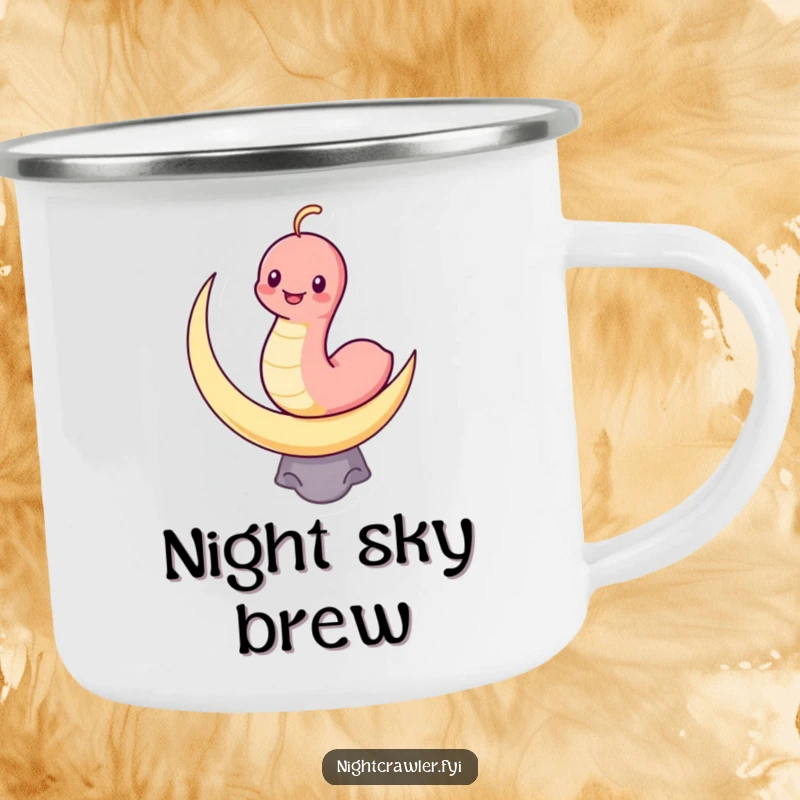 Funny camping mug with a grinning kawaii worm balancing on a crescent moon, perfect for humorous outdoor enjoyment.