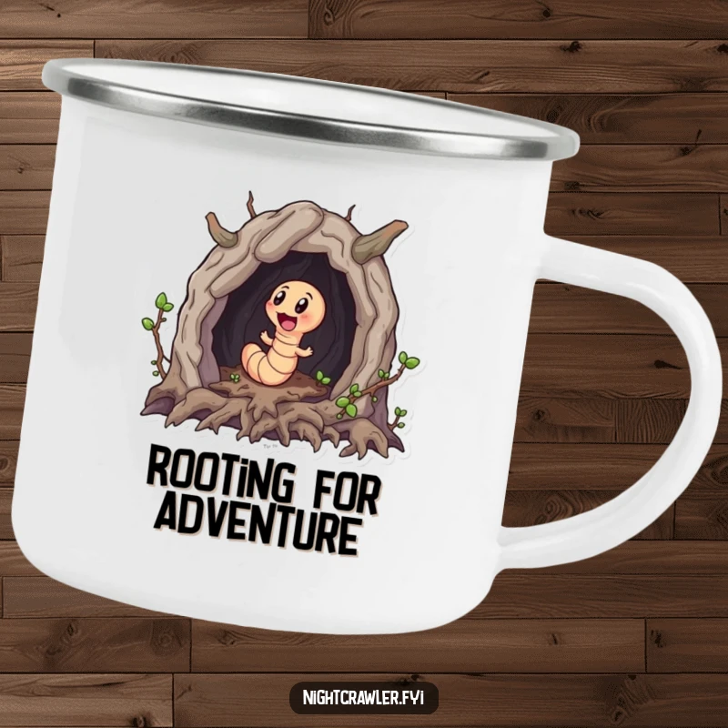 Funny camping mug displaying a little worm character excitedly exploring a miniature cave made of roots, perfect for outdoor enthusiasts.