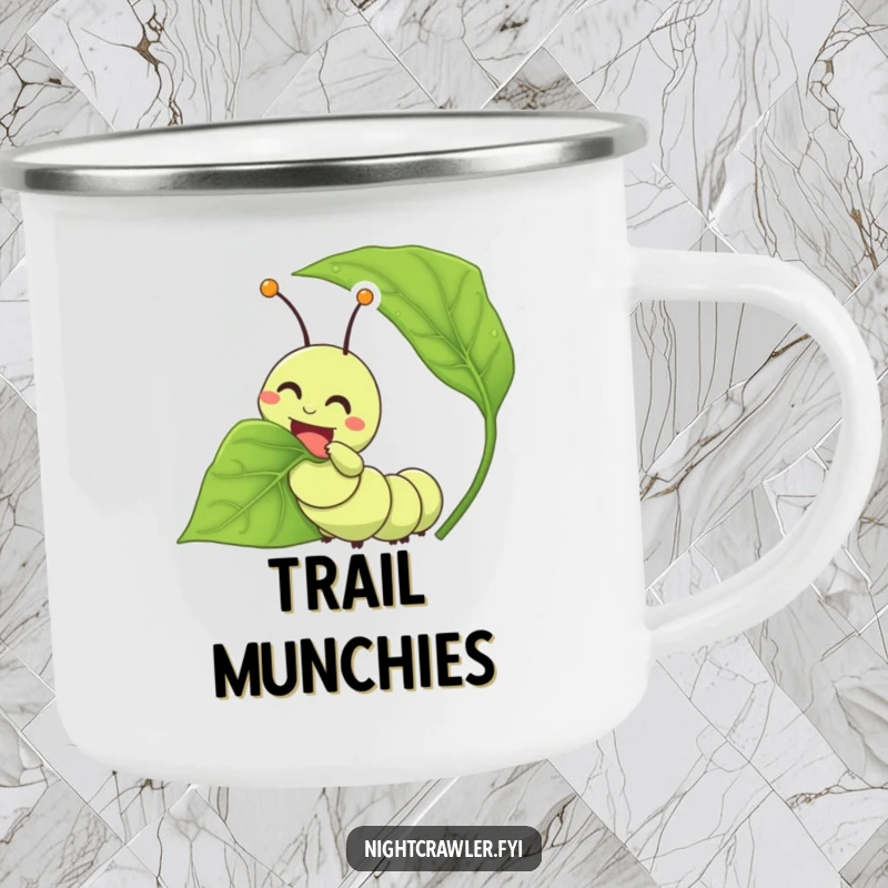 Funny caterpillar camping mug with a happy character joyfully munching on a leaf, perfect for outdoor eating.