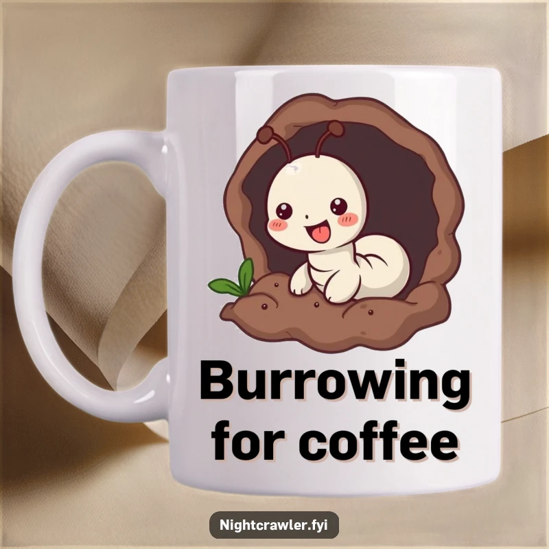 Funny mug featuring a small worm character joyfully burrowing into soft, dark earth, symbolizing comfort and contentment.