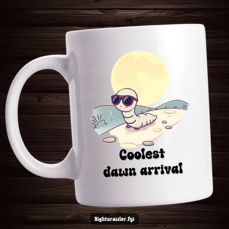 Funny mug with a worm wearing sunglasses, slowly inching along a moonlit path, exuding effortless cool.